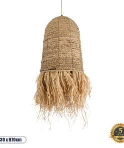 GloboStar® PORTOFERRAIO 02170 Boho Κρεμαστό Φωτιστικό Οροφής Μονόφωτο 1 x E27 AC220-240V IP20 – Φ30 x Υ70cm – Μπεζ Ξύλινο Μπαμπού Πλέγμα Καμπάνα – 5 Χρόνια Εγγύηση