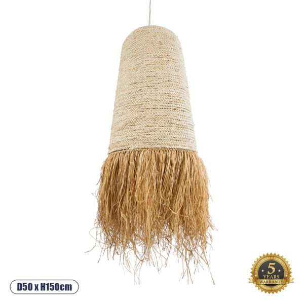 GloboStar® AREMBEPE 02171 Boho Κρεμαστό Φωτιστικό Οροφής Μονόφωτο 1 x E27 AC220-240V IP20 - Φ50 x Υ150cm - Μπεζ Φυσική Ράφια Νήμα Πλέγμα Καμπάνα - 5 Χρόνια Εγγύηση