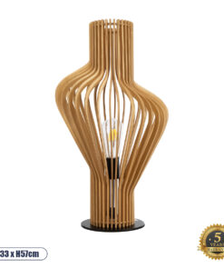 GloboStar® MIHIRO 02176 Boho Επιτραπέζιο Φωτιστικό Μονόφωτο 1 x E27 AC220-240V IP20 – Φ33 x Υ57cm – Καφέ Ξύλινο με Μαύρη Μεταλλική Βάση Πλέγμα – 5 Χρόνια Εγγύηση