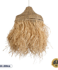 GloboStar® PORTOFERRAIO 02185 Boho Κρεμαστό Φωτιστικό Οροφής Μονόφωτο 1 x E27 AC220-240V IP20 – Φ50 x Υ80cm – Μπεζ με Καφέ Φυσική Ράφια Νήμα Πλέγμα Καμπάνα – 5 Χρόνια Εγγύηση