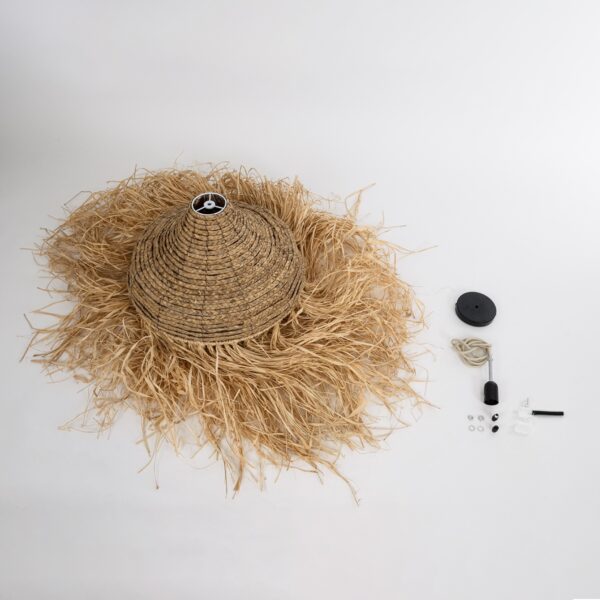 GloboStar® PORTOFERRAIO 02185 Boho Κρεμαστό Φωτιστικό Οροφής Μονόφωτο 1 x E27 AC220-240V IP20 – Φ50 x Υ80cm – Μπεζ με Καφέ Φυσική Ράφια Νήμα Πλέγμα Καμπάνα – 5 Χρόνια Εγγύηση