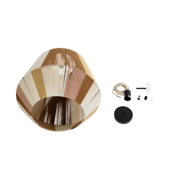 GloboStar® SALERNO 02187 Boho Κρεμαστό Φωτιστικό Οροφής Μονόφωτο 1 x E27 AC220-240V IP20 – Φ50 x Υ50cm – Μπεζ με Λευκό και Καφέ με Ροζ Λεπτό Νήμα Βαμβακερό Πλέγμα Καμπάνα – 5 Χρόνια Εγγύηση