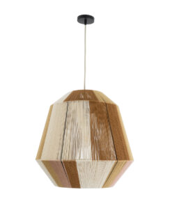 GloboStar® SALERNO 02187 Boho Κρεμαστό Φωτιστικό Οροφής Μονόφωτο 1 x E27 AC220-240V IP20 – Φ50 x Υ50cm – Μπεζ με Λευκό και Καφέ με Ροζ Λεπτό Νήμα Βαμβακερό Πλέγμα Καμπάνα – 5 Χρόνια Εγγύηση