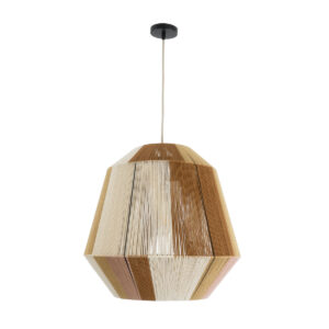 GloboStar® SALERNO 02187 Boho Κρεμαστό Φωτιστικό Οροφής Μονόφωτο 1 x E27 AC220-240V IP20 – Φ50 x Υ50cm – Μπεζ με Λευκό και Καφέ με Ροζ Λεπτό Νήμα Βαμβακερό Πλέγμα Καμπάνα – 5 Χρόνια Εγγύηση