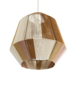 GloboStar® SALERNO 02187 Boho Κρεμαστό Φωτιστικό Οροφής Μονόφωτο 1 x E27 AC220-240V IP20 – Φ50 x Υ50cm – Μπεζ με Λευκό και Καφέ με Ροζ Λεπτό Νήμα Βαμβακερό Πλέγμα Καμπάνα – 5 Χρόνια Εγγύηση