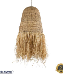 GloboStar® PORTOFERRAIO 02190 Boho Κρεμαστό Φωτιστικό Οροφής Μονόφωτο 1 x E27 AC220-240V IP20 – Φ60 x Υ120cm – Μπεζ Φυσική Ράφια Νήμα Πλέγμα Καμπάνα – 5 Χρόνια Εγγύηση