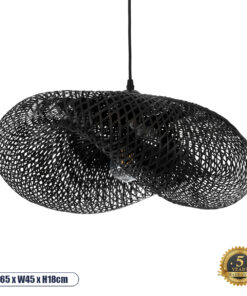 GloboStar® MEXICO 02201 Boho Κρεμαστό Φωτιστικό Οροφής Μονόφωτο 1 x E27 AC220-240V IP20 – Μ65 x Π45 x Υ18cm – Μαύρο Ξύλινο Μπαμπού Πλέγμα – 5 Χρόνια Εγγύηση