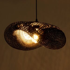 GloboStar® MEXICO 02201 Boho Κρεμαστό Φωτιστικό Οροφής Μονόφωτο 1 x E27 AC220-240V IP20 – Μ65 x Π45 x Υ18cm – Μαύρο Ξύλινο Μπαμπού Πλέγμα – 5 Χρόνια Εγγύηση