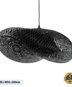 GloboStar® MEXICO 02202 Boho Κρεμαστό Φωτιστικό Οροφής Μονόφωτο 1 x E27 AC220-240V IP20 – Μ85 x Π50 x Υ30cm – Μαύρο Ξύλινο Μπαμπού Πλέγμα – 5 Χρόνια Εγγύηση
