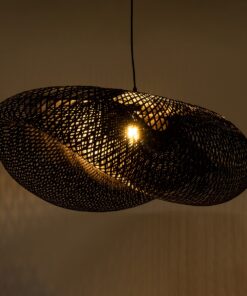 GloboStar® MEXICO 02203 Boho Κρεμαστό Φωτιστικό Οροφής Μονόφωτο 1 x E27 AC220-240V IP20 – Μ100 x Π62 x Υ33cm – Μαύρο Ξύλινο Μπαμπού Πλέγμα – 5 Χρόνια Εγγύηση