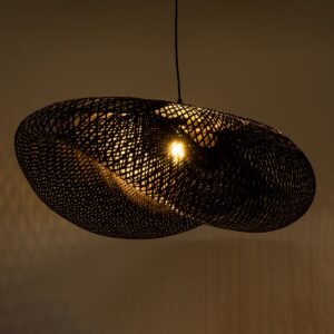 GloboStar® MEXICO 02203 Boho Κρεμαστό Φωτιστικό Οροφής Μονόφωτο 1 x E27 AC220-240V IP20 – Μ100 x Π62 x Υ33cm – Μαύρο Ξύλινο Μπαμπού Πλέγμα – 5 Χρόνια Εγγύηση