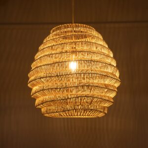 GloboStar® OREGON 02206 Boho Κρεμαστό Φωτιστικό Οροφής Μονόφωτο 1 x E27 AC220-240V IP20 – Φ60 x Υ56cm – Μπεζ Μπαμπού Πλέγμα – 5 Χρόνια Εγγύηση