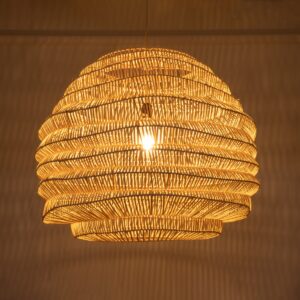 GloboStar® OREGON 02207 Boho Κρεμαστό Φωτιστικό Οροφής Μονόφωτο 1 x E27 AC220-240V IP20 – Φ80 x Υ65cm – Μπεζ Μπαμπού Πλέγμα – 5 Χρόνια Εγγύηση