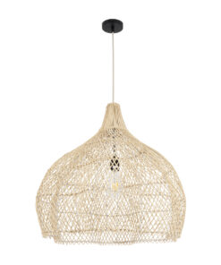 GloboStar® ADEJE 02210 Boho Κρεμαστό Φωτιστικό Οροφής Μονόφωτο 1 x E27 AC220-240V IP20 – Φ60 x Υ60cm – Μπεζ Ξύλινο Μπαμπού Πλέγμα Καμπάνα – 5 Χρόνια Εγγύηση