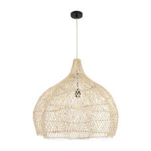 GloboStar® ADEJE 02210 Boho Κρεμαστό Φωτιστικό Οροφής Μονόφωτο 1 x E27 AC220-240V IP20 – Φ60 x Υ60cm – Μπεζ Ξύλινο Μπαμπού Πλέγμα Καμπάνα – 5 Χρόνια Εγγύηση