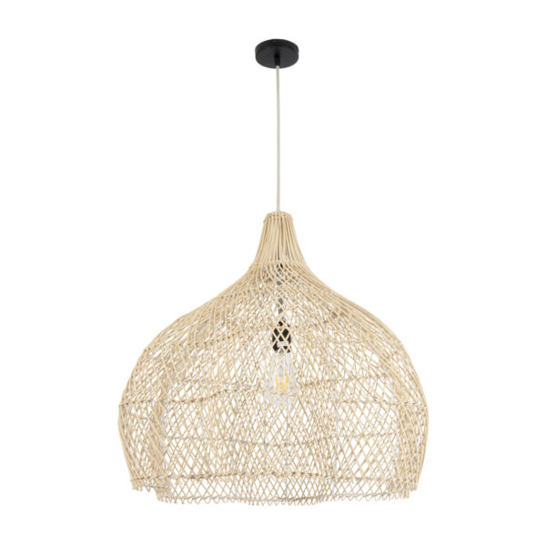 GloboStar® ADEJE 02210 Boho Κρεμαστό Φωτιστικό Οροφής Μονόφωτο 1 x E27 AC220-240V IP20 – Φ60 x Υ60cm – Μπεζ Ξύλινο Μπαμπού Πλέγμα Καμπάνα – 5 Χρόνια Εγγύηση