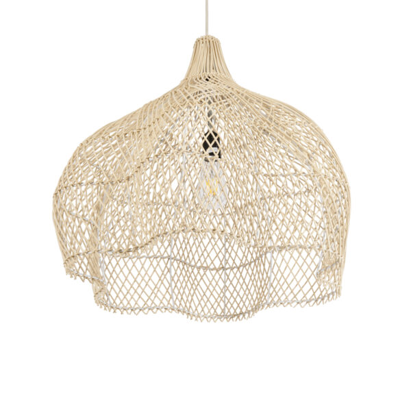 GloboStar® ADEJE 02210 Boho Κρεμαστό Φωτιστικό Οροφής Μονόφωτο 1 x E27 AC220-240V IP20 – Φ60 x Υ60cm – Μπεζ Ξύλινο Μπαμπού Πλέγμα Καμπάνα – 5 Χρόνια Εγγύηση