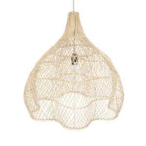 GloboStar® ADEJE 02210 Boho Κρεμαστό Φωτιστικό Οροφής Μονόφωτο 1 x E27 AC220-240V IP20 – Φ60 x Υ60cm – Μπεζ Ξύλινο Μπαμπού Πλέγμα Καμπάνα – 5 Χρόνια Εγγύηση