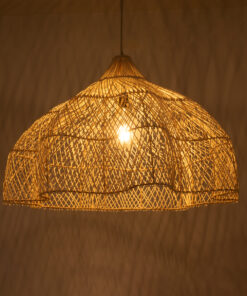 GloboStar® ADEJE 02211 Boho Κρεμαστό Φωτιστικό Οροφής Μονόφωτο 1 x E27 AC220-240V IP20 – Φ80 x Υ55cm – Μπεζ Ξύλινο Μπαμπού Πλέγμα Καμπάνα – 5 Χρόνια Εγγύηση