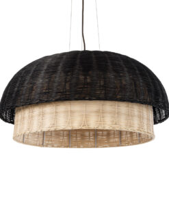 GloboStar® CORSICA 02216 Boho Κρεμαστό Φωτιστικό Οροφής Μονόφωτο 1 x E27 AC220-240V IP20 – Φ70 x Υ35cm – Μαύρο Μπεζ Ξύλινο Μπαμπού Πλέγμα Καμπάνα – 5 Χρόνια Εγγύηση