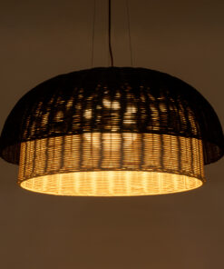 GloboStar® CORSICA 02216 Boho Κρεμαστό Φωτιστικό Οροφής Μονόφωτο 1 x E27 AC220-240V IP20 – Φ70 x Υ35cm – Μαύρο Μπεζ Ξύλινο Μπαμπού Πλέγμα Καμπάνα – 5 Χρόνια Εγγύηση