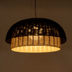 GloboStar® CORSICA 02216 Boho Κρεμαστό Φωτιστικό Οροφής Μονόφωτο 1 x E27 AC220-240V IP20 – Φ70 x Υ35cm – Μαύρο Μπεζ Ξύλινο Μπαμπού Πλέγμα Καμπάνα – 5 Χρόνια Εγγύηση
