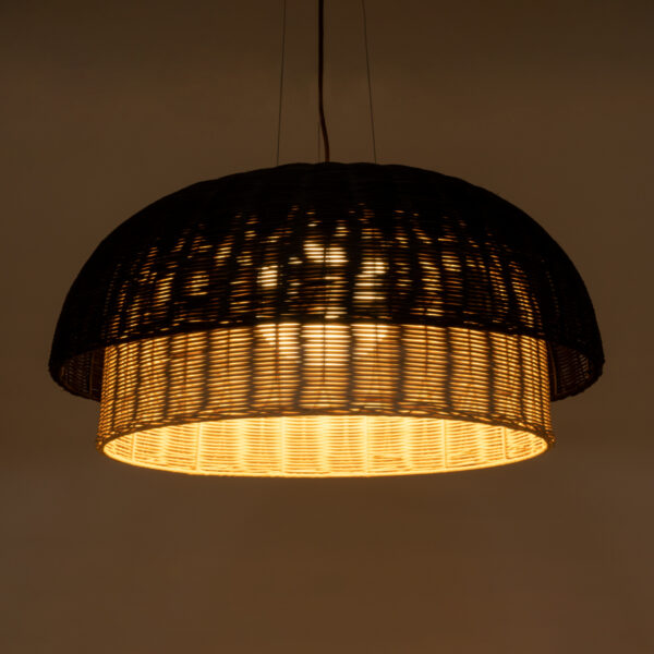 GloboStar® CORSICA 02216 Boho Κρεμαστό Φωτιστικό Οροφής Μονόφωτο 1 x E27 AC220-240V IP20 – Φ70 x Υ35cm – Μαύρο Μπεζ Ξύλινο Μπαμπού Πλέγμα Καμπάνα – 5 Χρόνια Εγγύηση
