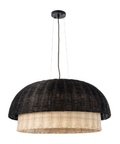 GloboStar® CORSICA 02216 Boho Κρεμαστό Φωτιστικό Οροφής Μονόφωτο 1 x E27 AC220-240V IP20 – Φ70 x Υ35cm – Μαύρο Μπεζ Ξύλινο Μπαμπού Πλέγμα Καμπάνα – 5 Χρόνια Εγγύηση