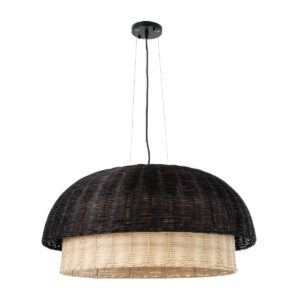GloboStar® CORSICA 02216 Boho Κρεμαστό Φωτιστικό Οροφής Μονόφωτο 1 x E27 AC220-240V IP20 – Φ70 x Υ35cm – Μαύρο Μπεζ Ξύλινο Μπαμπού Πλέγμα Καμπάνα – 5 Χρόνια Εγγύηση
