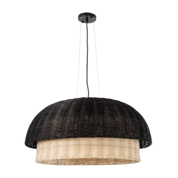 GloboStar® CORSICA 02216 Boho Κρεμαστό Φωτιστικό Οροφής Μονόφωτο 1 x E27 AC220-240V IP20 – Φ70 x Υ35cm – Μαύρο Μπεζ Ξύλινο Μπαμπού Πλέγμα Καμπάνα – 5 Χρόνια Εγγύηση