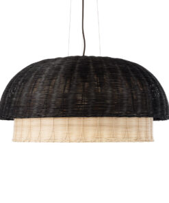 GloboStar® CORSICA 02216 Boho Κρεμαστό Φωτιστικό Οροφής Μονόφωτο 1 x E27 AC220-240V IP20 – Φ70 x Υ35cm – Μαύρο Μπεζ Ξύλινο Μπαμπού Πλέγμα Καμπάνα – 5 Χρόνια Εγγύηση