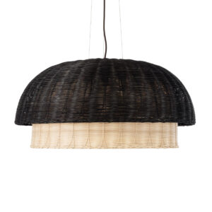GloboStar® CORSICA 02216 Boho Κρεμαστό Φωτιστικό Οροφής Μονόφωτο 1 x E27 AC220-240V IP20 – Φ70 x Υ35cm – Μαύρο Μπεζ Ξύλινο Μπαμπού Πλέγμα Καμπάνα – 5 Χρόνια Εγγύηση