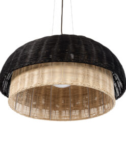 GloboStar® CORSICA 02216 Boho Κρεμαστό Φωτιστικό Οροφής Μονόφωτο 1 x E27 AC220-240V IP20 – Φ70 x Υ35cm – Μαύρο Μπεζ Ξύλινο Μπαμπού Πλέγμα Καμπάνα – 5 Χρόνια Εγγύηση