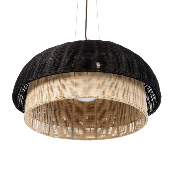 GloboStar® CORSICA 02216 Boho Κρεμαστό Φωτιστικό Οροφής Μονόφωτο 1 x E27 AC220-240V IP20 – Φ70 x Υ35cm – Μαύρο Μπεζ Ξύλινο Μπαμπού Πλέγμα Καμπάνα – 5 Χρόνια Εγγύηση