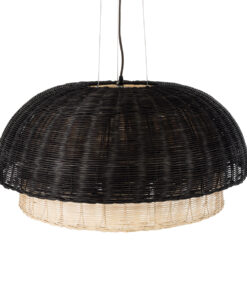 GloboStar® CORSICA 02216 Boho Κρεμαστό Φωτιστικό Οροφής Μονόφωτο 1 x E27 AC220-240V IP20 – Φ70 x Υ35cm – Μαύρο Μπεζ Ξύλινο Μπαμπού Πλέγμα Καμπάνα – 5 Χρόνια Εγγύηση