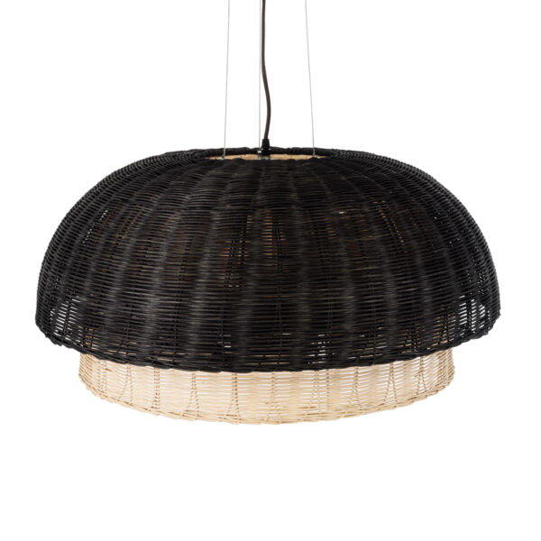 GloboStar® CORSICA 02216 Boho Κρεμαστό Φωτιστικό Οροφής Μονόφωτο 1 x E27 AC220-240V IP20 – Φ70 x Υ35cm – Μαύρο Μπεζ Ξύλινο Μπαμπού Πλέγμα Καμπάνα – 5 Χρόνια Εγγύηση