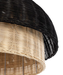 GloboStar® CORSICA 02216 Boho Κρεμαστό Φωτιστικό Οροφής Μονόφωτο 1 x E27 AC220-240V IP20 – Φ70 x Υ35cm – Μαύρο Μπεζ Ξύλινο Μπαμπού Πλέγμα Καμπάνα – 5 Χρόνια Εγγύηση