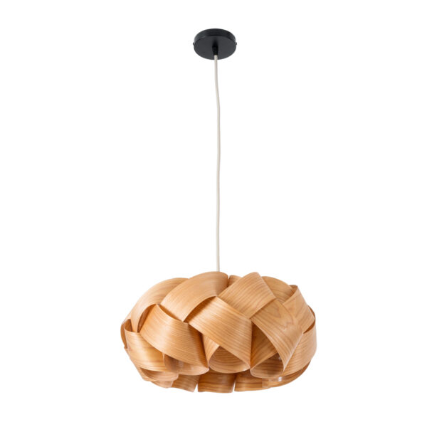 GloboStar® SARDIGNA 02217 Boho Κρεμαστό Φωτιστικό Οροφής Μονόφωτο 1 x E27 AC220-240V IP20 – Φ40 x Υ20cm – Καφέ Λεπτό Φύλλο Ξύλου Πλέγμα – 5 Χρόνια Εγγύηση
