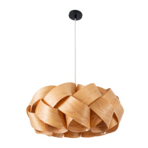 GloboStar® SARDIGNA 02218 Boho Κρεμαστό Φωτιστικό Οροφής Μονόφωτο 1 x E27 AC220-240V IP20 – Φ60 x Υ30cm – Καφέ Λεπτό Φύλλο Ξύλου Πλέγμα – 5 Χρόνια Εγγύηση