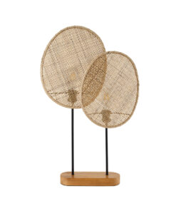 GloboStar® AZUL 02231 Boho Επιτραπέζιο Φωτιστικό Διφωτο 2 x E27 AC220-240V IP20 – Μ45 x Π11 x Υ75cm – Μπεζ Ξύλινο με Μαύρο Μεταλλικό και Μπεζ Ξύλινο Πλέγμα – 5 Χρόνια Εγγύηση