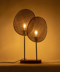 GloboStar® AZUL 02231 Boho Επιτραπέζιο Φωτιστικό Διφωτο 2 x E27 AC220-240V IP20 – Μ45 x Π11 x Υ75cm – Μπεζ Ξύλινο με Μαύρο Μεταλλικό και Μπεζ Ξύλινο Πλέγμα – 5 Χρόνια Εγγύηση