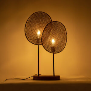 GloboStar® AZUL 02231 Boho Επιτραπέζιο Φωτιστικό Διφωτο 2 x E27 AC220-240V IP20 – Μ45 x Π11 x Υ75cm – Μπεζ Ξύλινο με Μαύρο Μεταλλικό και Μπεζ Ξύλινο Πλέγμα – 5 Χρόνια Εγγύηση