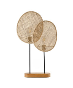 GloboStar® AZUL 02231 Boho Επιτραπέζιο Φωτιστικό Διφωτο 2 x E27 AC220-240V IP20 – Μ45 x Π11 x Υ75cm – Μπεζ Ξύλινο με Μαύρο Μεταλλικό και Μπεζ Ξύλινο Πλέγμα – 5 Χρόνια Εγγύηση