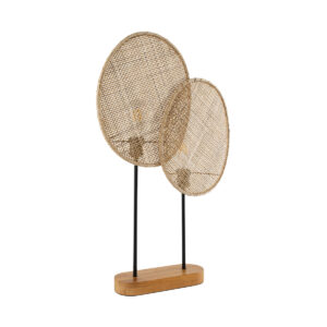 GloboStar® AZUL 02231 Boho Επιτραπέζιο Φωτιστικό Διφωτο 2 x E27 AC220-240V IP20 – Μ45 x Π11 x Υ75cm – Μπεζ Ξύλινο με Μαύρο Μεταλλικό και Μπεζ Ξύλινο Πλέγμα – 5 Χρόνια Εγγύηση