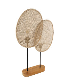 GloboStar® AZUL 02231 Boho Επιτραπέζιο Φωτιστικό Διφωτο 2 x E27 AC220-240V IP20 – Μ45 x Π11 x Υ75cm – Μπεζ Ξύλινο με Μαύρο Μεταλλικό και Μπεζ Ξύλινο Πλέγμα – 5 Χρόνια Εγγύηση