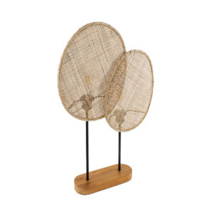 GloboStar® AZUL 02231 Boho Επιτραπέζιο Φωτιστικό Διφωτο 2 x E27 AC220-240V IP20 – Μ45 x Π11 x Υ75cm – Μπεζ Ξύλινο με Μαύρο Μεταλλικό και Μπεζ Ξύλινο Πλέγμα – 5 Χρόνια Εγγύηση