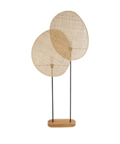 GloboStar® AZUL 02232 Boho Επιδαπέδιο Φωτιστικό Διφωτο 2 x E27 AC220-240V IP20 – Μ90 x Π17 x Υ170cm – Μπεζ Ξύλινο με Μαύρο Μεταλλικό και Μπεζ Ξύλινο Πλέγμα – 5 Χρόνια Εγγύηση