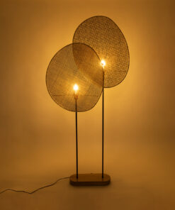 GloboStar® AZUL 02232 Boho Επιδαπέδιο Φωτιστικό Διφωτο 2 x E27 AC220-240V IP20 – Μ90 x Π17 x Υ170cm – Μπεζ Ξύλινο με Μαύρο Μεταλλικό και Μπεζ Ξύλινο Πλέγμα – 5 Χρόνια Εγγύηση