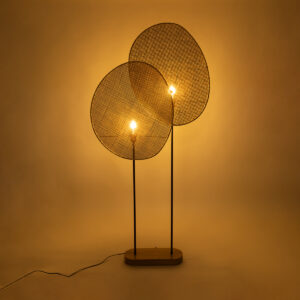 GloboStar® AZUL 02232 Boho Επιδαπέδιο Φωτιστικό Διφωτο 2 x E27 AC220-240V IP20 – Μ90 x Π17 x Υ170cm – Μπεζ Ξύλινο με Μαύρο Μεταλλικό και Μπεζ Ξύλινο Πλέγμα – 5 Χρόνια Εγγύηση