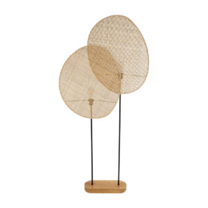 GloboStar® AZUL 02232 Boho Επιδαπέδιο Φωτιστικό Διφωτο 2 x E27 AC220-240V IP20 – Μ90 x Π17 x Υ170cm – Μπεζ Ξύλινο με Μαύρο Μεταλλικό και Μπεζ Ξύλινο Πλέγμα – 5 Χρόνια Εγγύηση